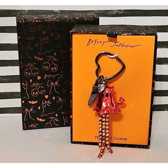 Betsey Johnson Keychain Halloween Devil Ghost Jeweled Bag Charm Key Chain Red - Picture 1 of 4